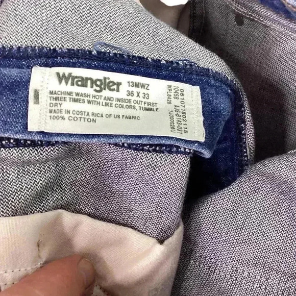 Wrangler 13MWZ Men 36 x 33 Cowboy Cut Straight Jeans Dark Wash Frayed Work Wear - Picture 8 of 8